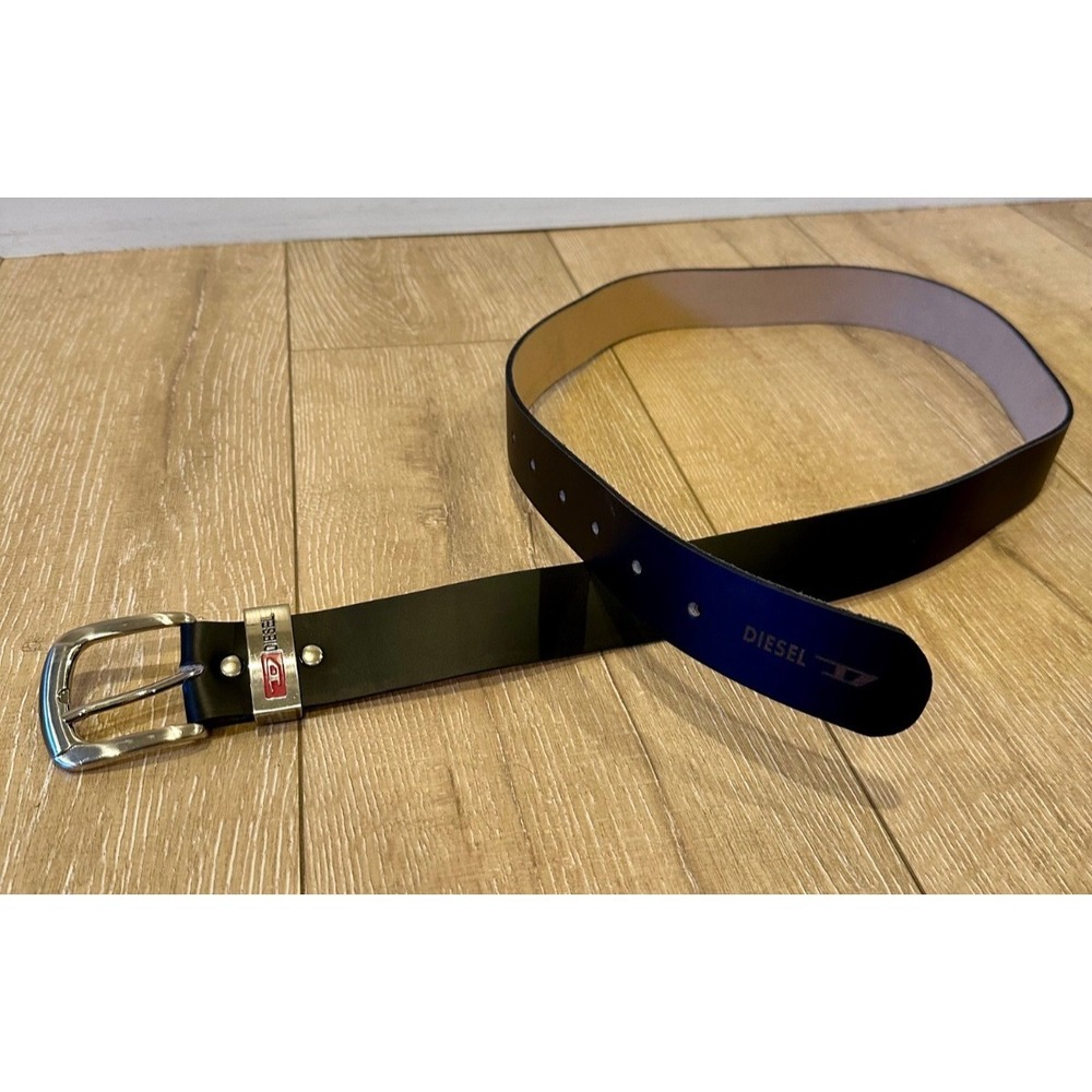 Diesel Black Single Prong Genuine Leather‎ Belt Sz 42 Silver Hardware Logo Lux